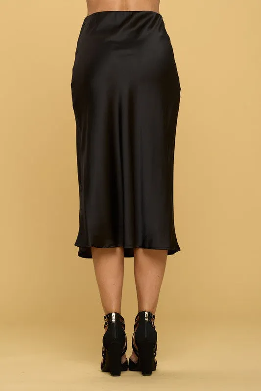 Black Solid Satin Midi Skirt