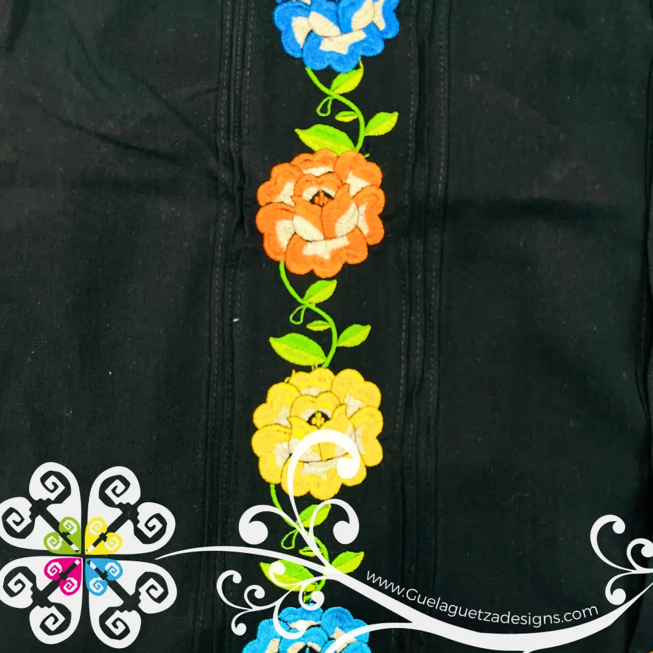 Black Tehuana Flowers - Embroider Men Shirt
