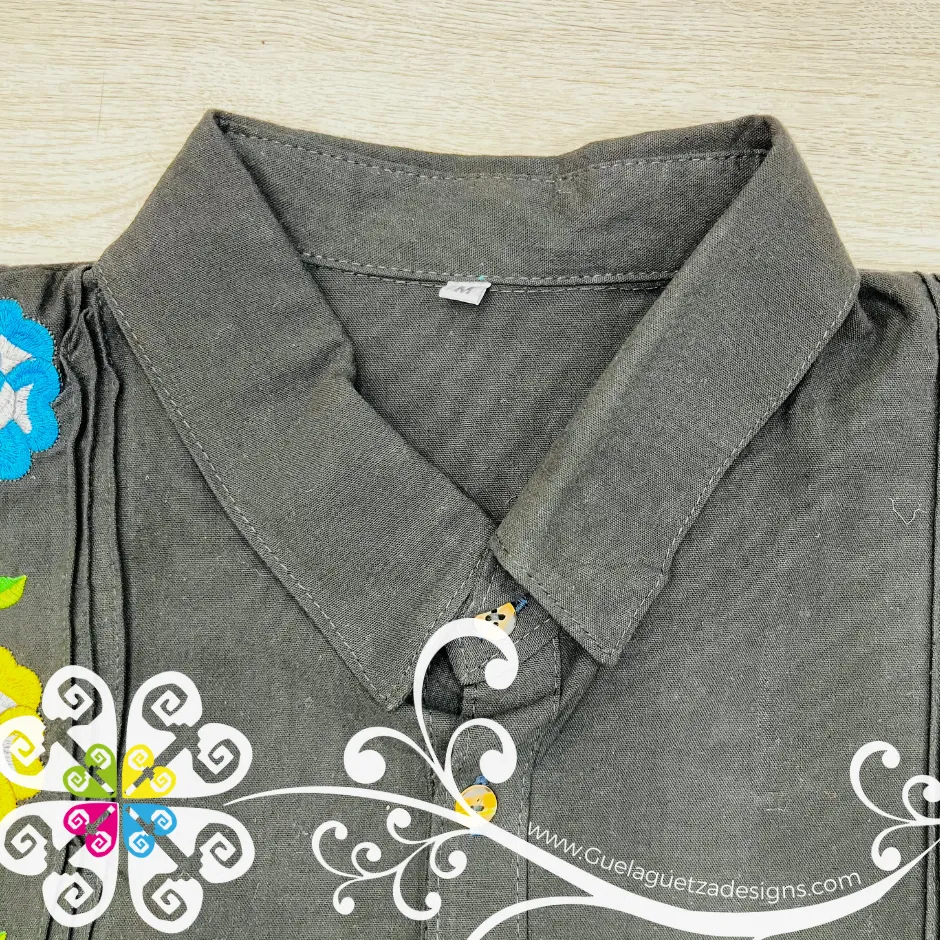 Black Tehuana Flowers - Embroider Men Shirt