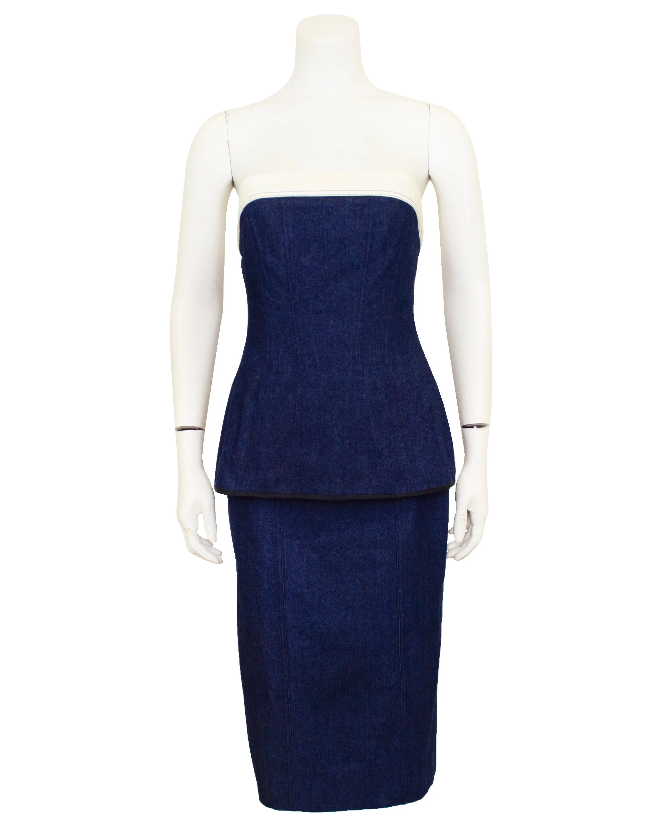 Blue and White Denim Strapless Top & Skirt Ensemble