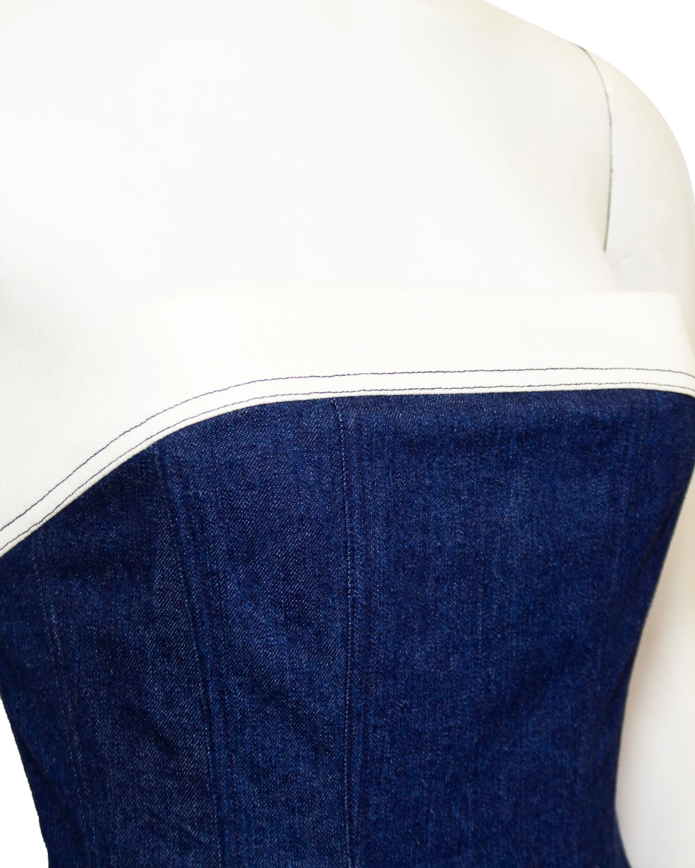 Blue and White Denim Strapless Top & Skirt Ensemble