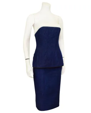 Blue and White Denim Strapless Top & Skirt Ensemble