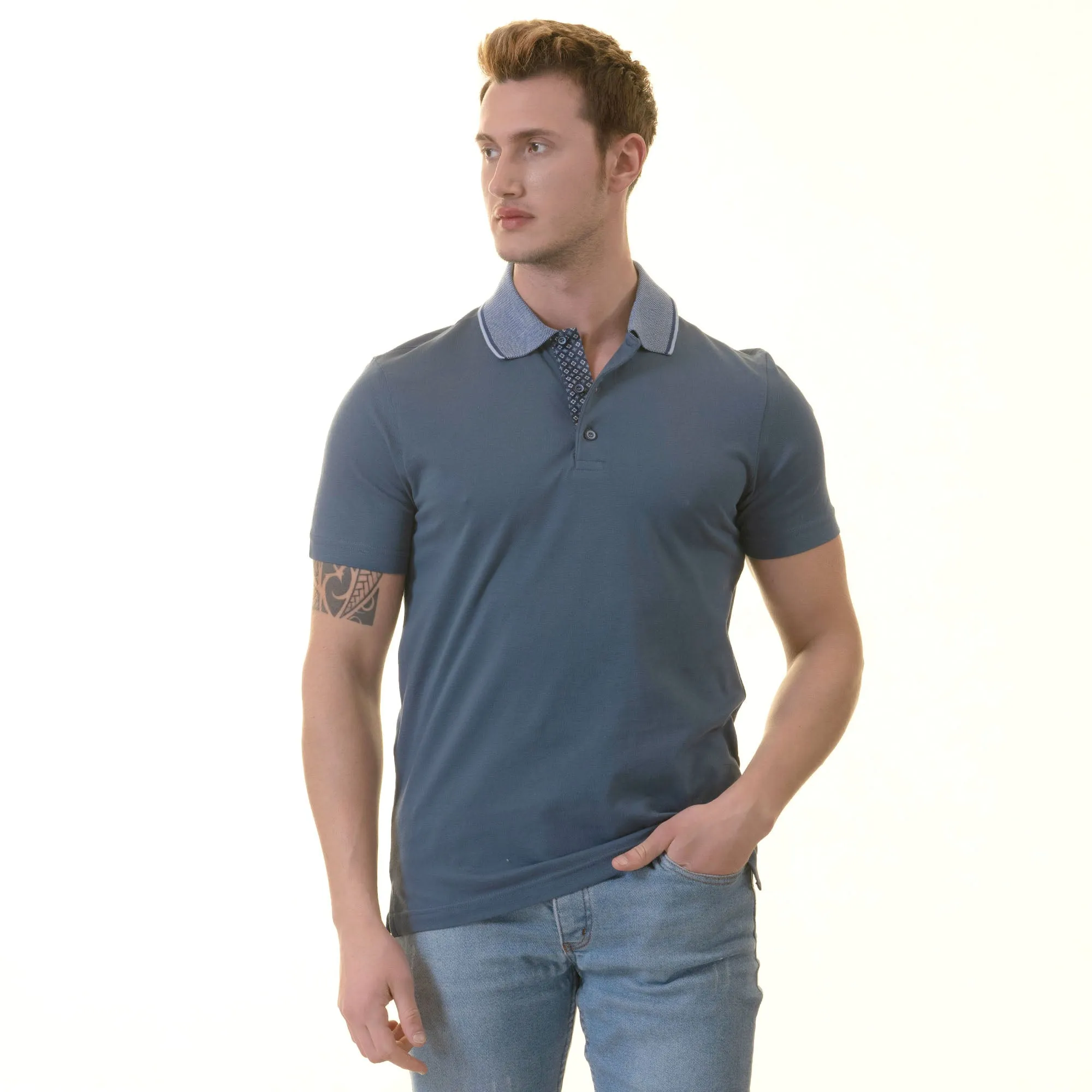 Blue inside Squaral Mens Slim Fit Polo Shirts - 100% Soft Cotton - Tailored Comfortable Fit