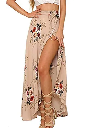 Boho Floral Tie Up Waist Beach Cover Up Maxi Skirt