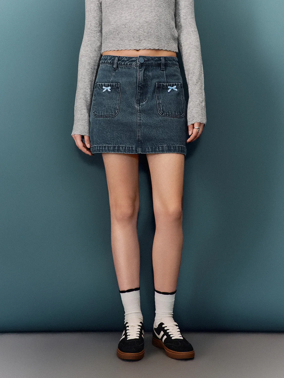 Bow Accent Denim Mini Skirts