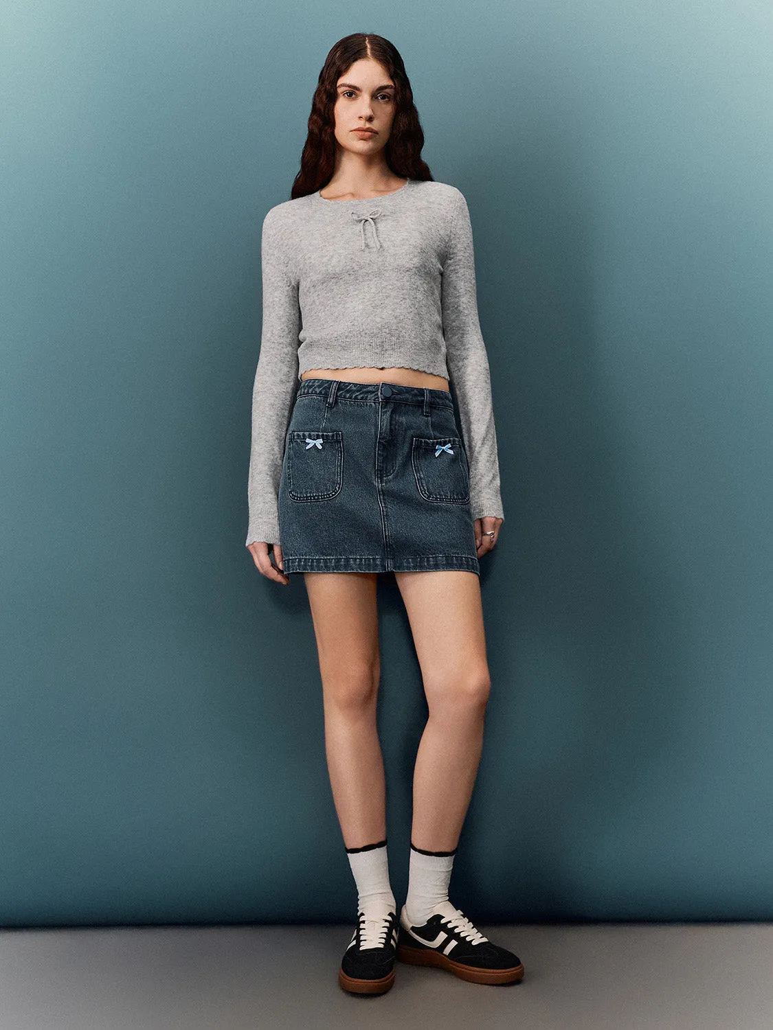Bow Accent Denim Mini Skirts