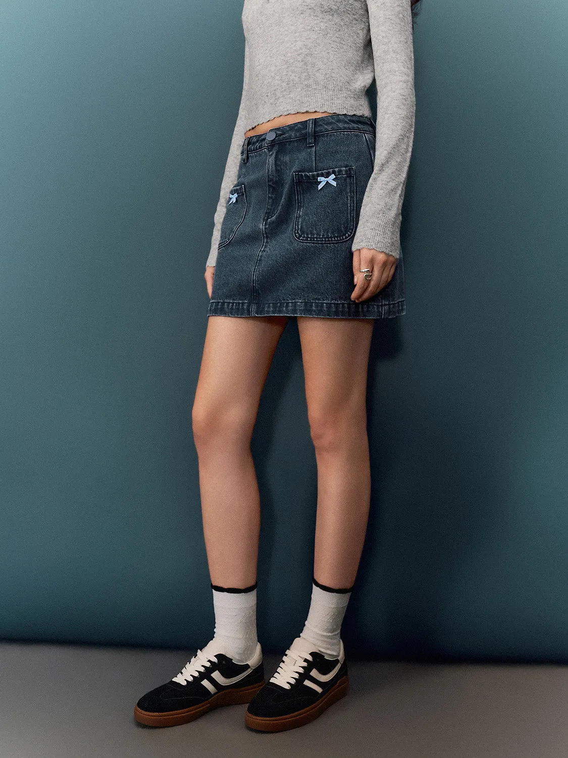 Bow Accent Denim Mini Skirts