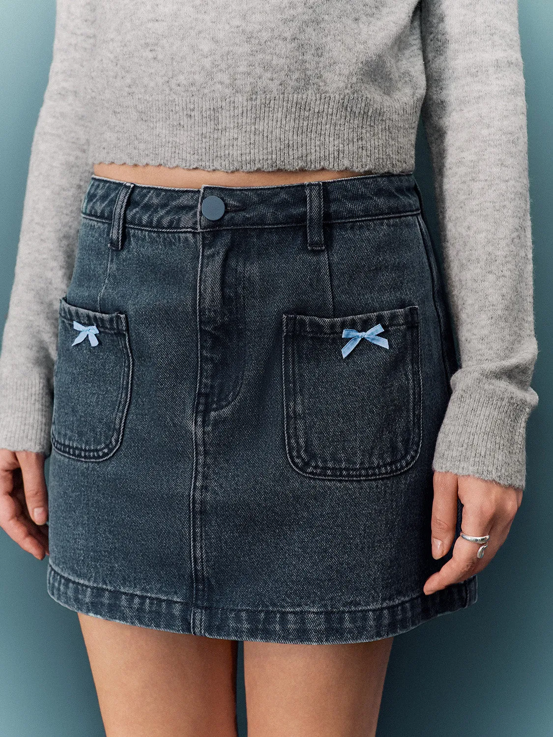 Bow Accent Denim Mini Skirts