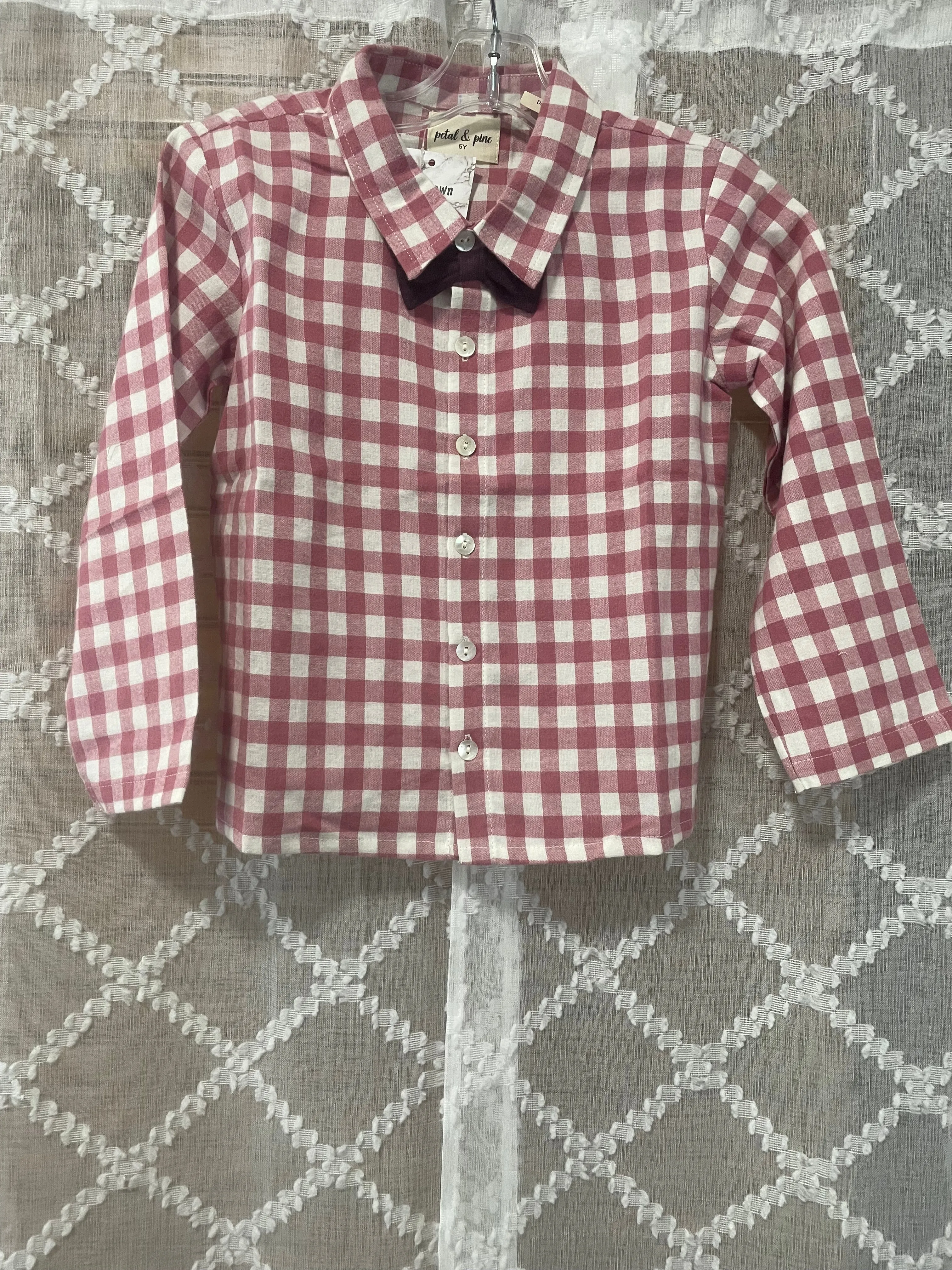 Boys Checkered Dress Shirt/w Cranberry Bow Tie