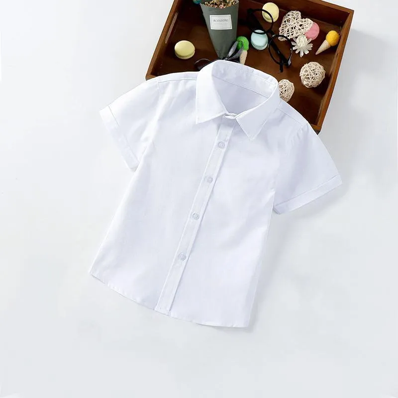 Boys Children's Kids White Short Sleeve School Shirt Open Neck With Lay Back Collar