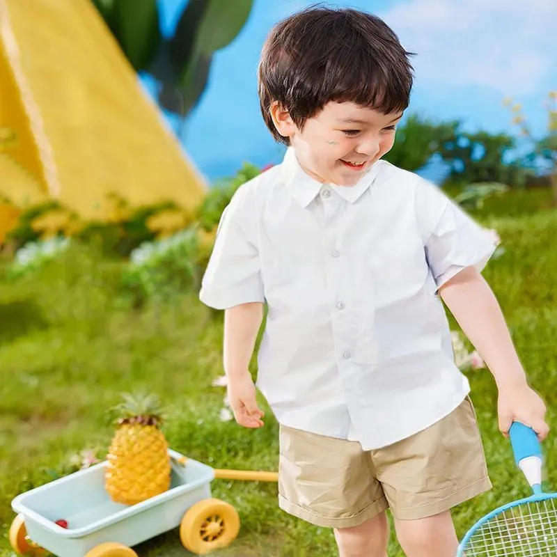 Boys Children's Kids White Short Sleeve School Shirt Open Neck With Lay Back Collar
