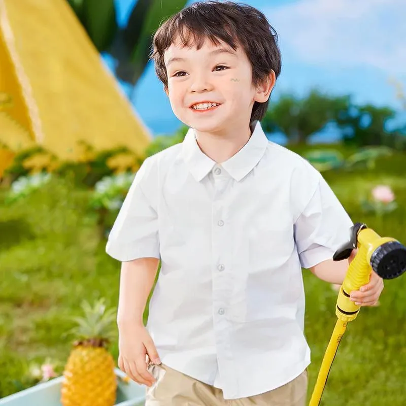 Boys Children's Kids White Short Sleeve School Shirt Open Neck With Lay Back Collar
