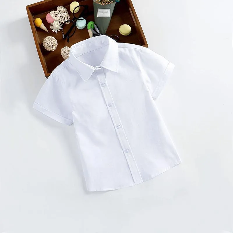 Boys Children's Kids White Short Sleeve School Shirt Open Neck With Lay Back Collar