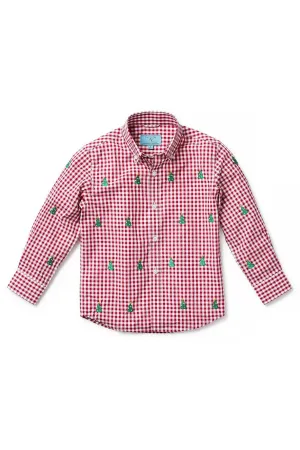 Boys James Shirt Wide Gingham Red with Christmas Tree
