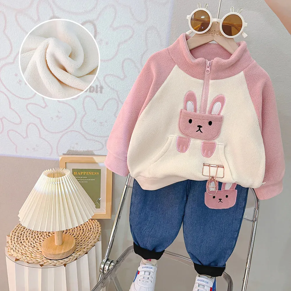 Boys Winter Cute Cartoon Bear Fleece Thicken Warm Pullover Sweatshirt Tops