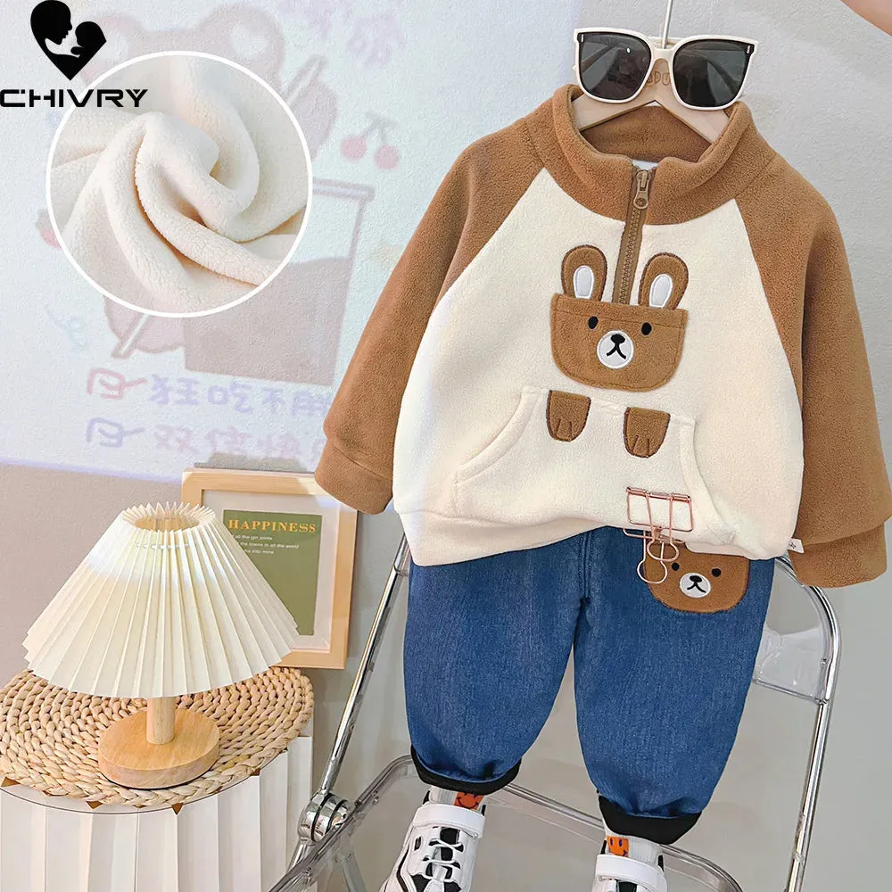 Boys Winter Cute Cartoon Bear Fleece Thicken Warm Pullover Sweatshirt Tops