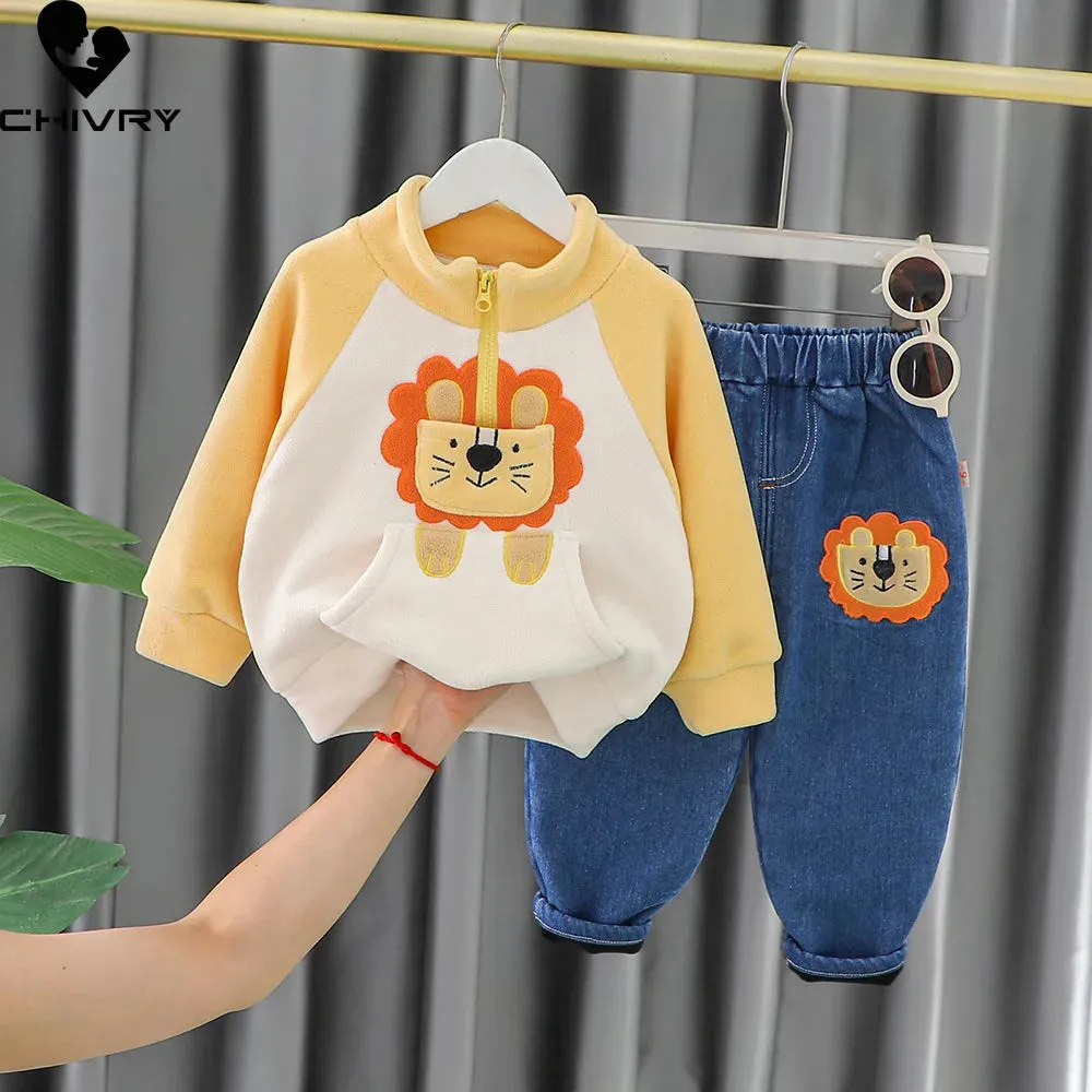 Boys Winter Cute Cartoon Bear Fleece Thicken Warm Pullover Sweatshirt Tops