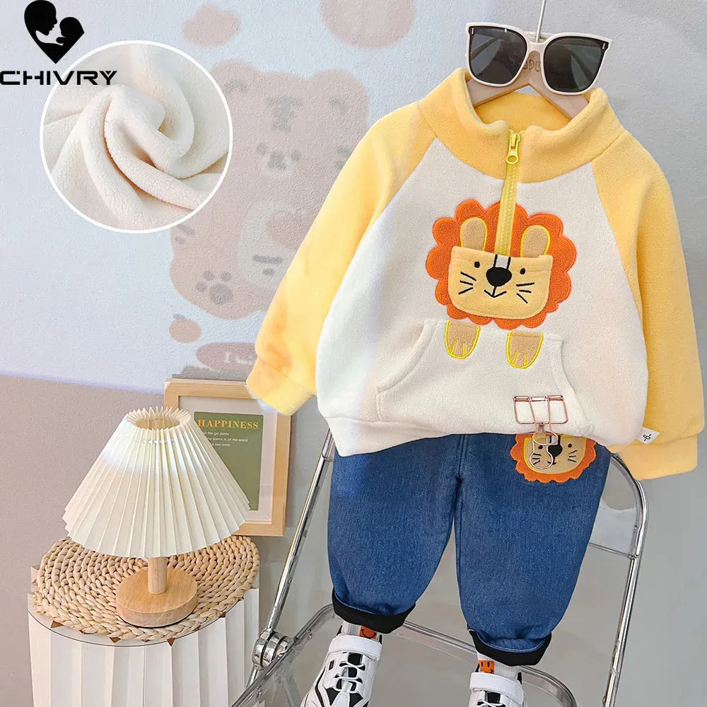 Boys Winter Cute Cartoon Bear Fleece Thicken Warm Pullover Sweatshirt Tops