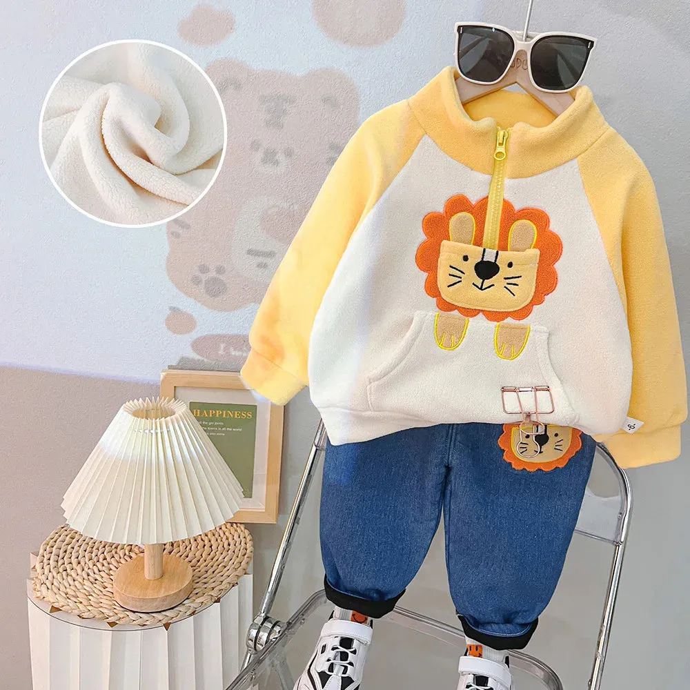 Boys Winter Cute Cartoon Bear Fleece Thicken Warm Pullover Sweatshirt Tops