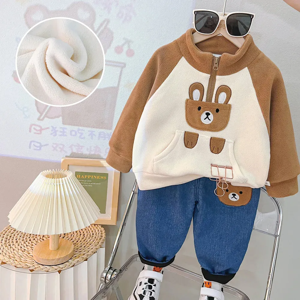 Boys Winter Cute Cartoon Bear Fleece Thicken Warm Pullover Sweatshirt Tops