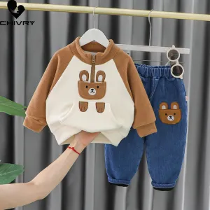 Boys Winter Cute Cartoon Bear Fleece Thicken Warm Pullover Sweatshirt Tops