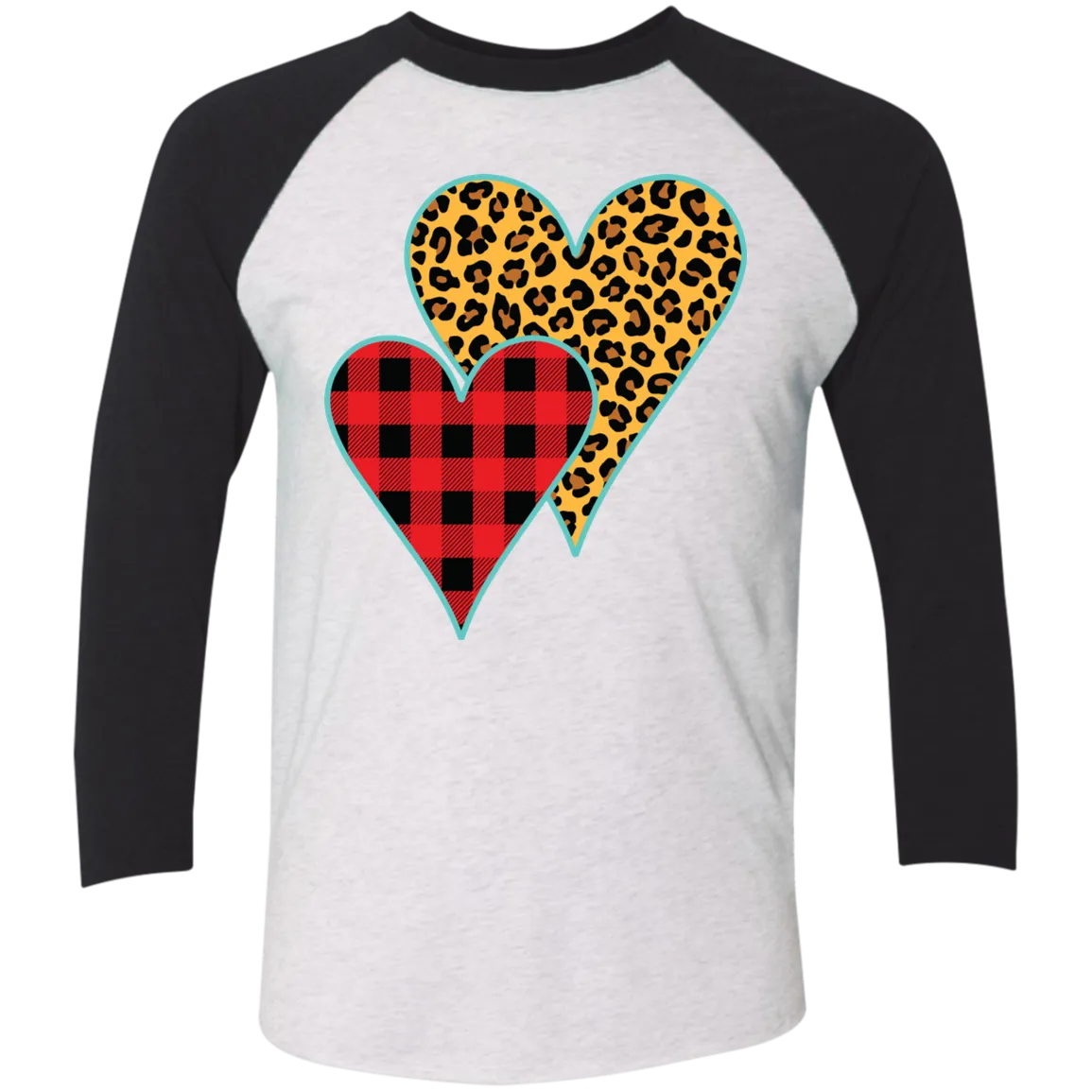 Buffalo Plaid & Leopard Print Heart 3/4 Sleeve Raglan Tee – Perfect for Valentine’s Day and Beyond