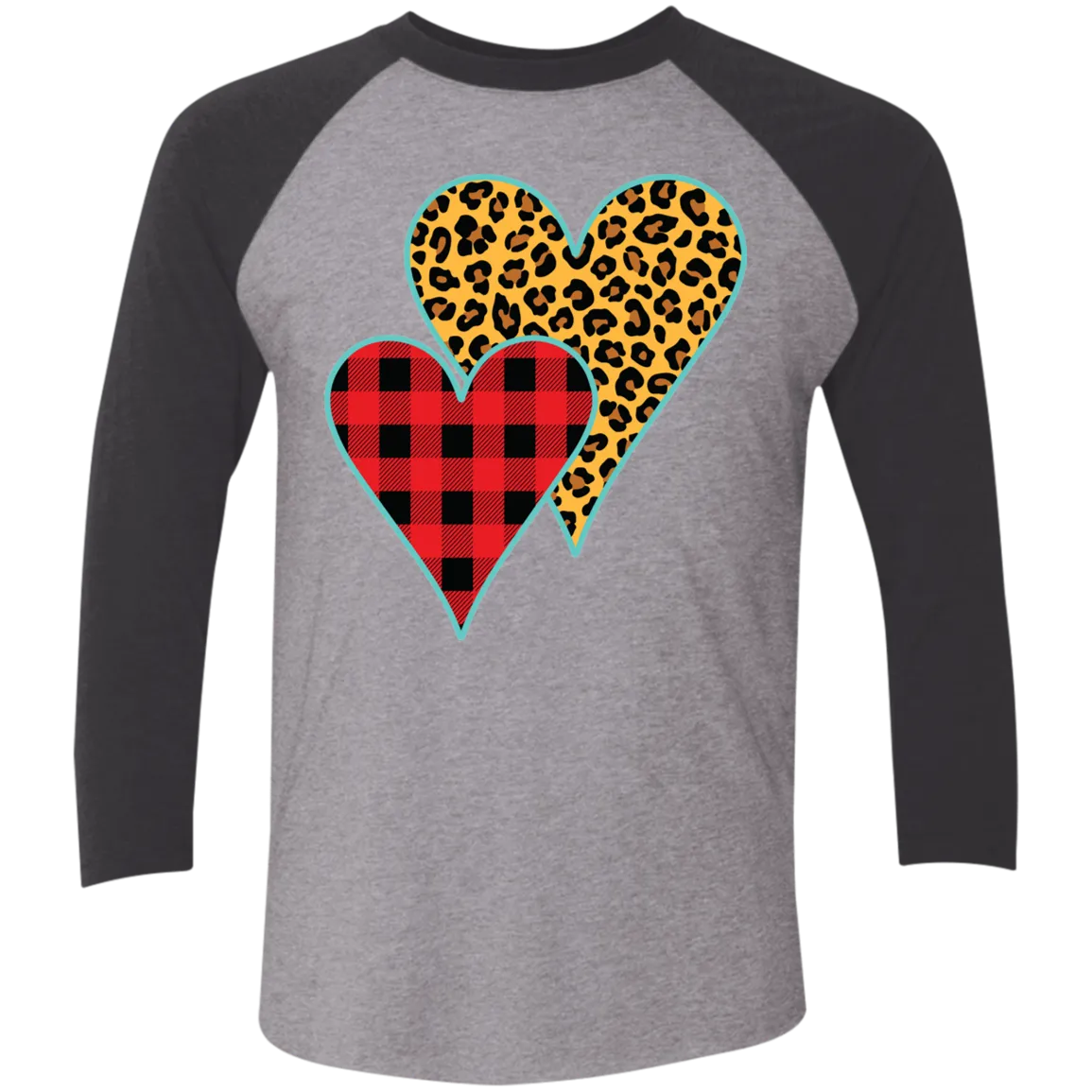Buffalo Plaid & Leopard Print Heart 3/4 Sleeve Raglan Tee – Perfect for Valentine’s Day and Beyond