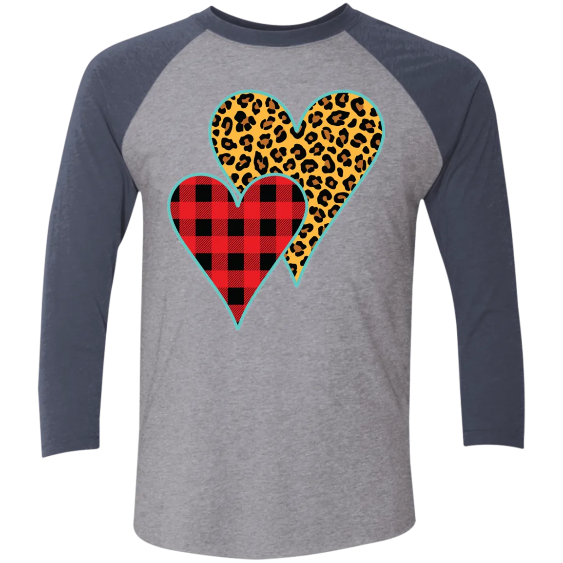 Buffalo Plaid & Leopard Print Heart 3/4 Sleeve Raglan Tee – Perfect for Valentine’s Day and Beyond