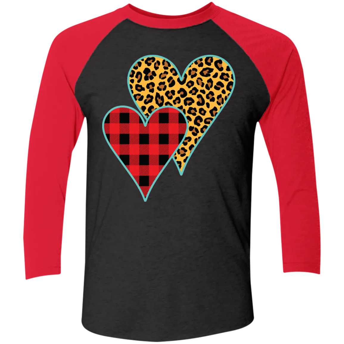 Buffalo Plaid & Leopard Print Heart 3/4 Sleeve Raglan Tee – Perfect for Valentine’s Day and Beyond
