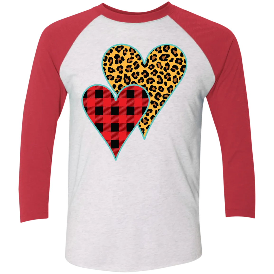 Buffalo Plaid & Leopard Print Heart 3/4 Sleeve Raglan Tee – Perfect for Valentine’s Day and Beyond