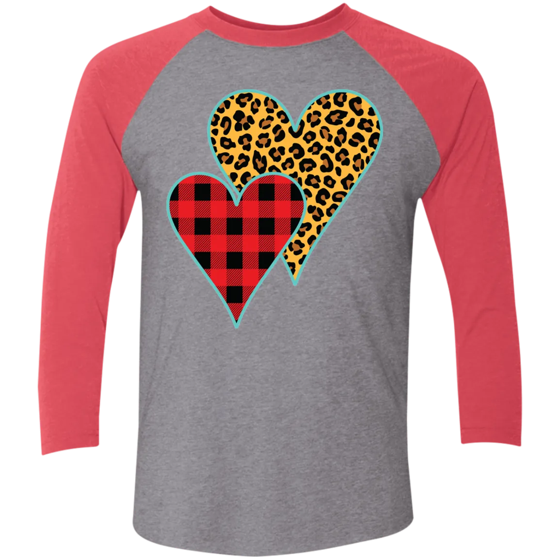 Buffalo Plaid & Leopard Print Heart 3/4 Sleeve Raglan Tee – Perfect for Valentine’s Day and Beyond