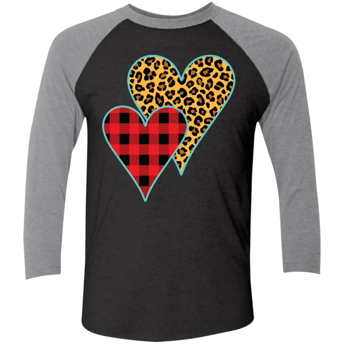 Buffalo Plaid & Leopard Print Heart 3/4 Sleeve Raglan Tee – Perfect for Valentine’s Day and Beyond