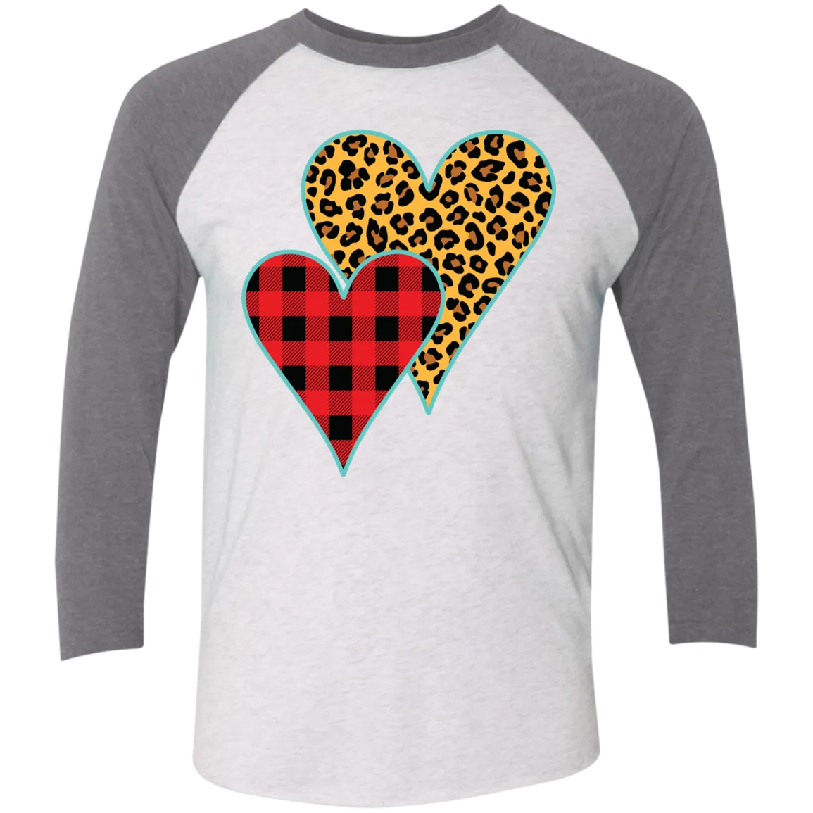 Buffalo Plaid & Leopard Print Heart 3/4 Sleeve Raglan Tee – Perfect for Valentine’s Day and Beyond
