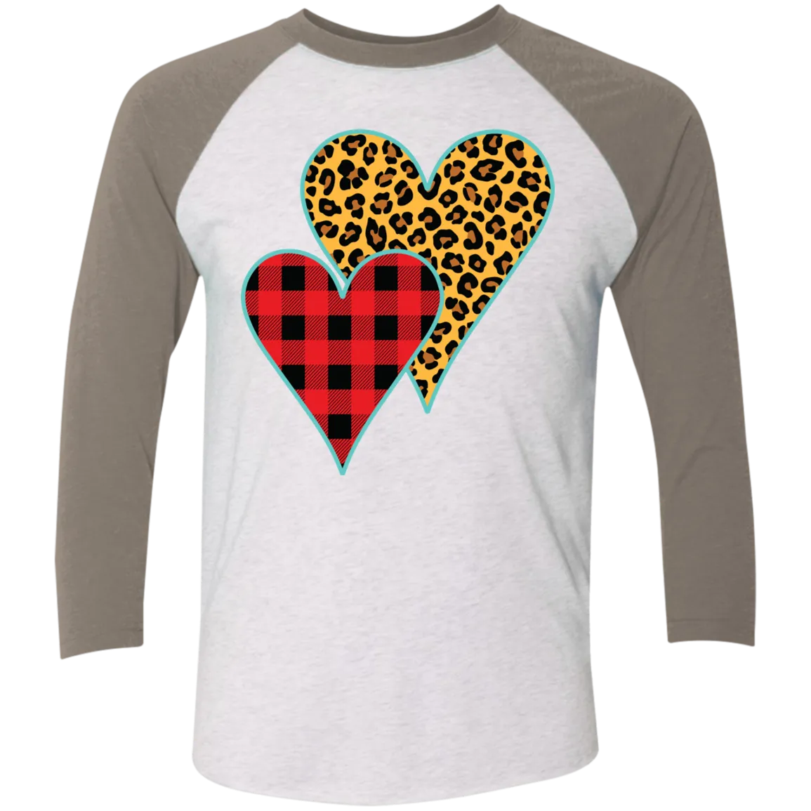 Buffalo Plaid & Leopard Print Heart 3/4 Sleeve Raglan Tee – Perfect for Valentine’s Day and Beyond