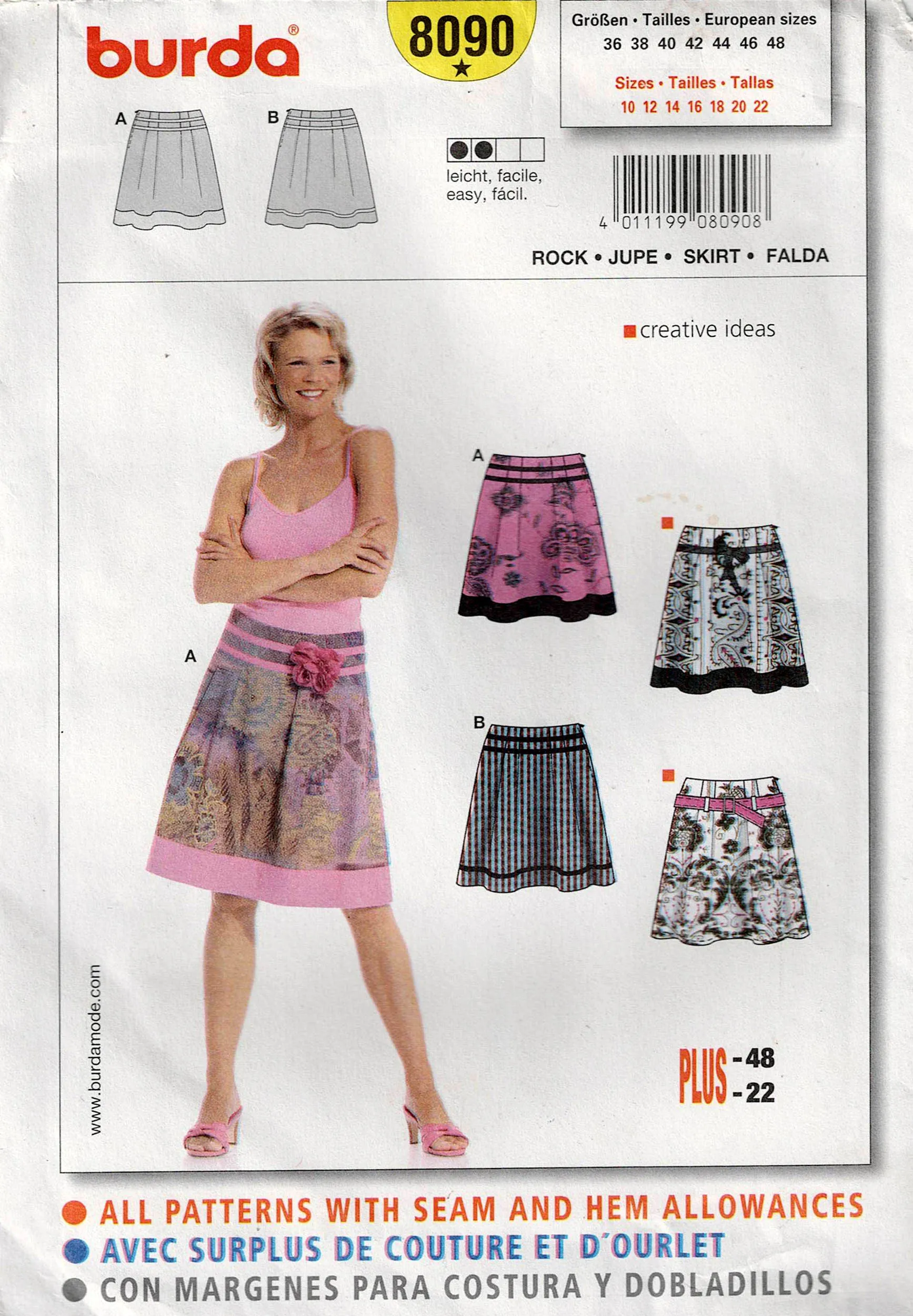 Burda 8090 Womens Hipster Skirts Out Of Print Sewing Pattern Sizes 10 - 22 UNCUT Factory Folded