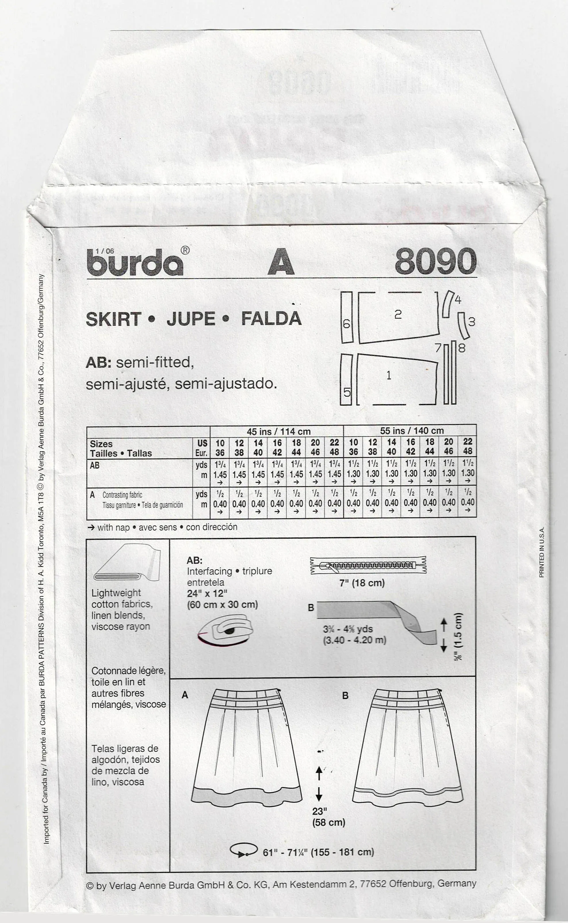 Burda 8090 Womens Hipster Skirts Out Of Print Sewing Pattern Sizes 10 - 22 UNCUT Factory Folded