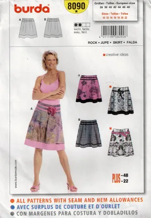 Burda 8090 Womens Hipster Skirts Out Of Print Sewing Pattern Sizes 10 - 22 UNCUT Factory Folded