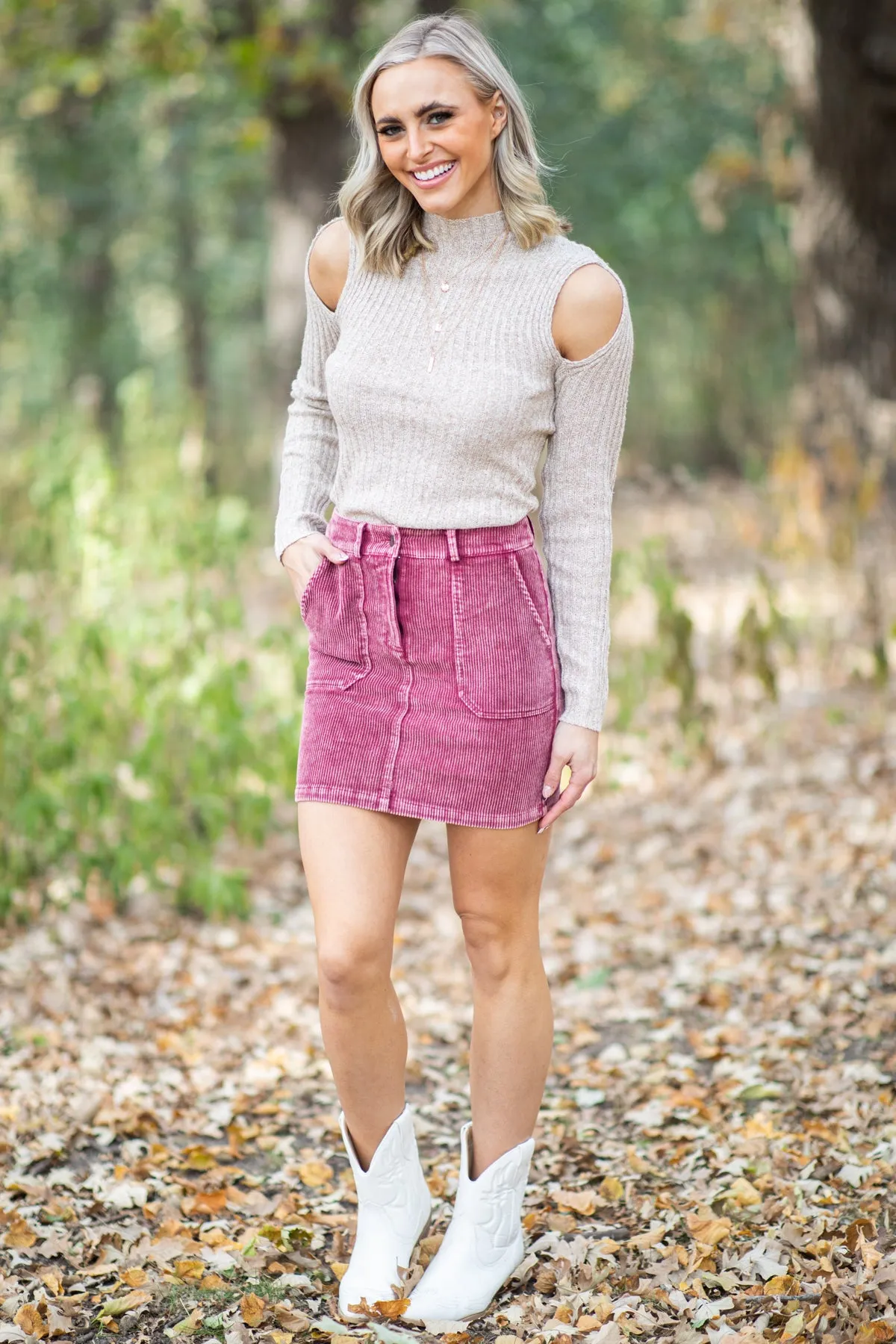 Burgundy Washed Corduroy Skirt