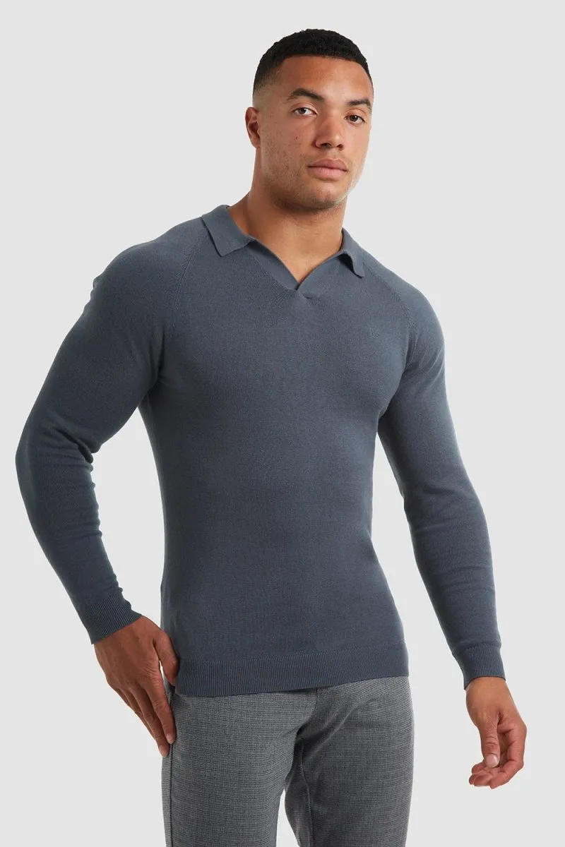 Buttonless Open Collar Polo in Petrol