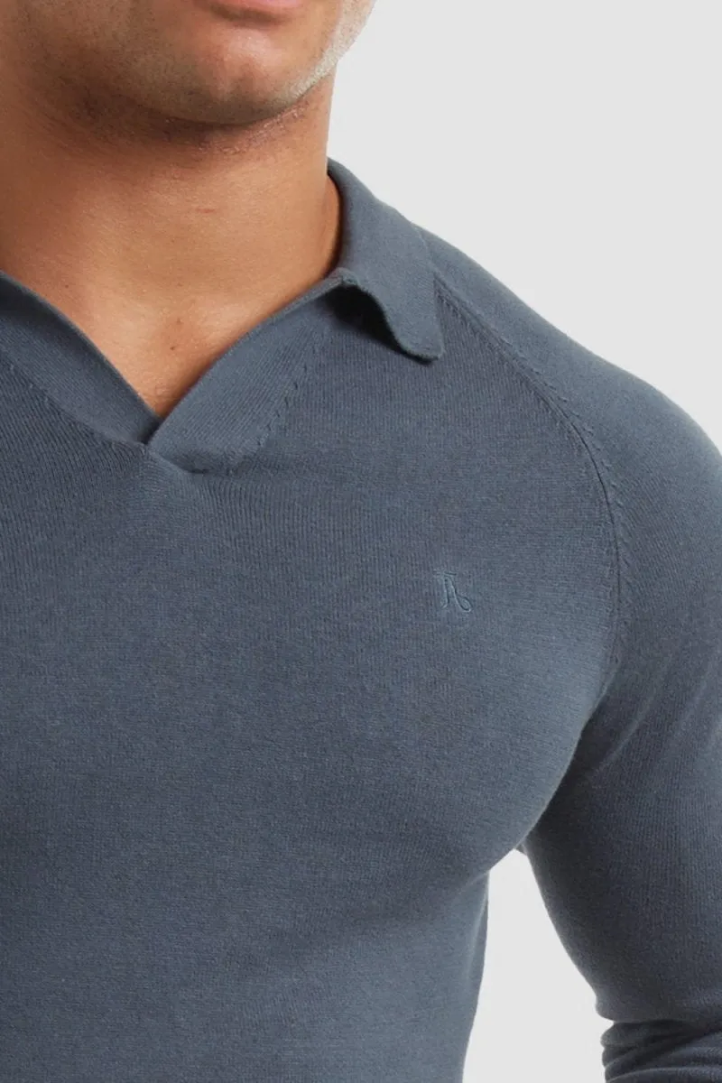 Buttonless Open Collar Polo in Petrol