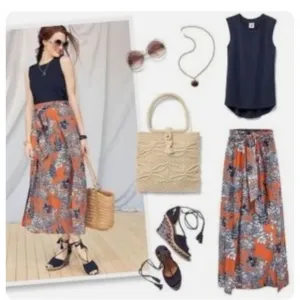 Cabi Style #5250 Calypso Skirt Maxi XS Floral Orange Blue