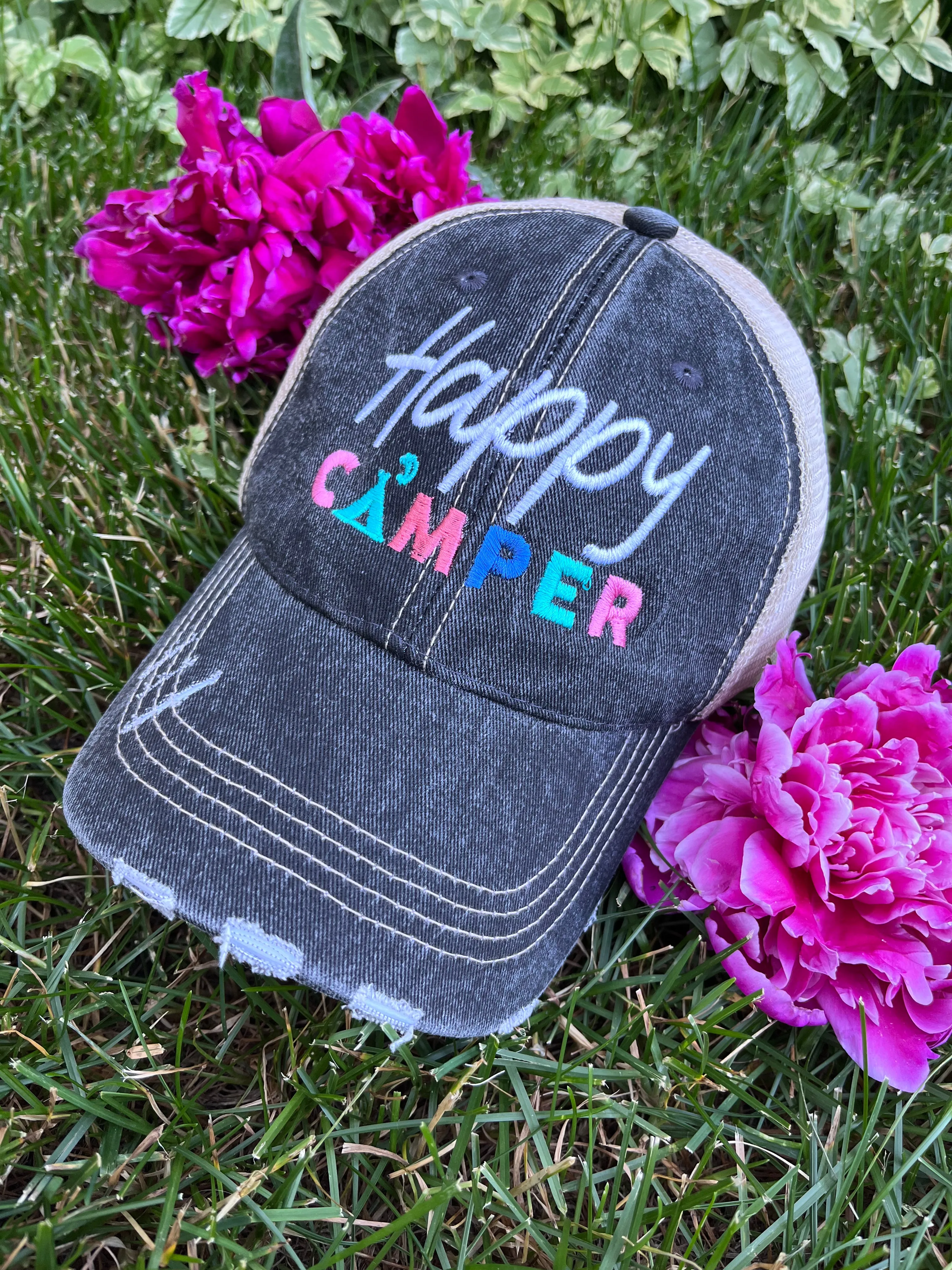Camp hats Happy Camper 4 colors Embroidered distressed trucker caps Unisex