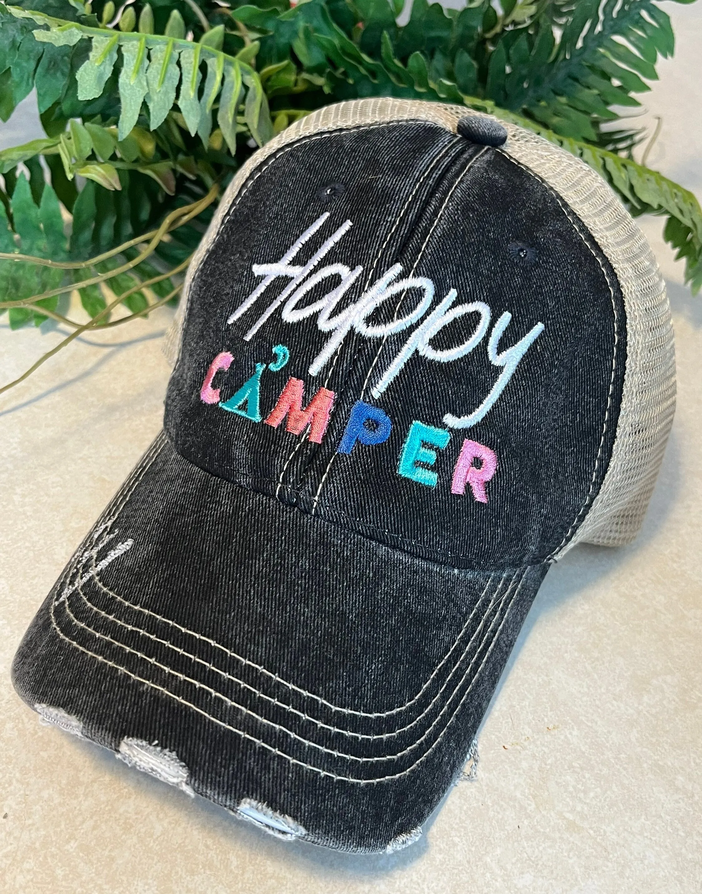 Camp hats Happy Camper 4 colors Embroidered distressed trucker caps Unisex