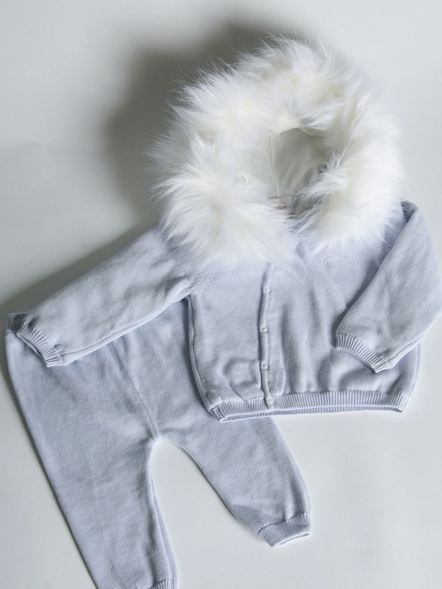Caramelo Kids Blue Knitted Tracksuit with Faux Fur Hood Trim