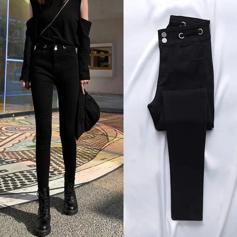 Casual Stretch Pants with Elastic High Waist and Metal Buttons