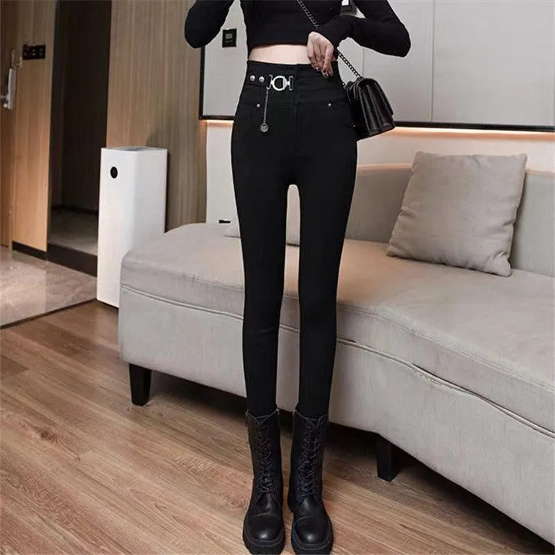 Casual Stretch Pants with Elastic High Waist and Metal Buttons
