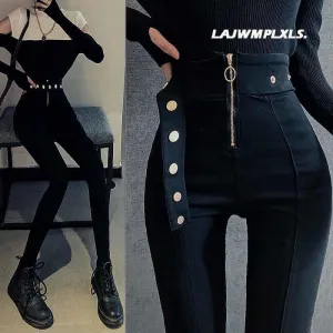Casual Stretch Pants with Elastic High Waist and Metal Buttons