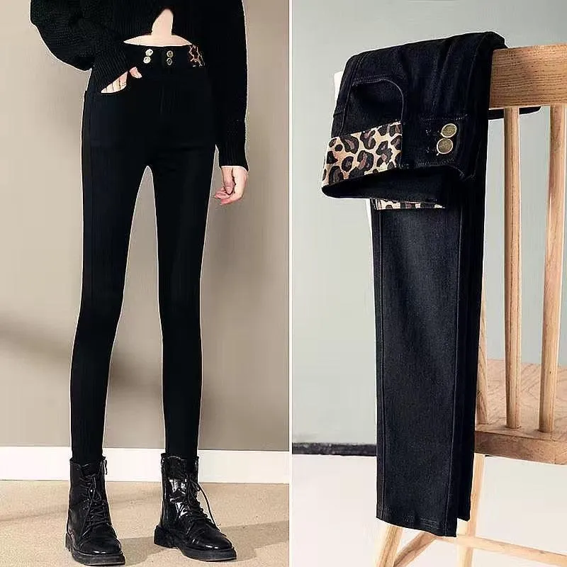 Casual Stretch Pants with Elastic High Waist and Metal Buttons