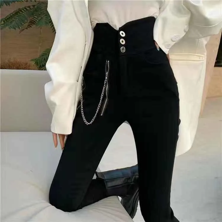 Casual Stretch Pants with Elastic High Waist and Metal Buttons