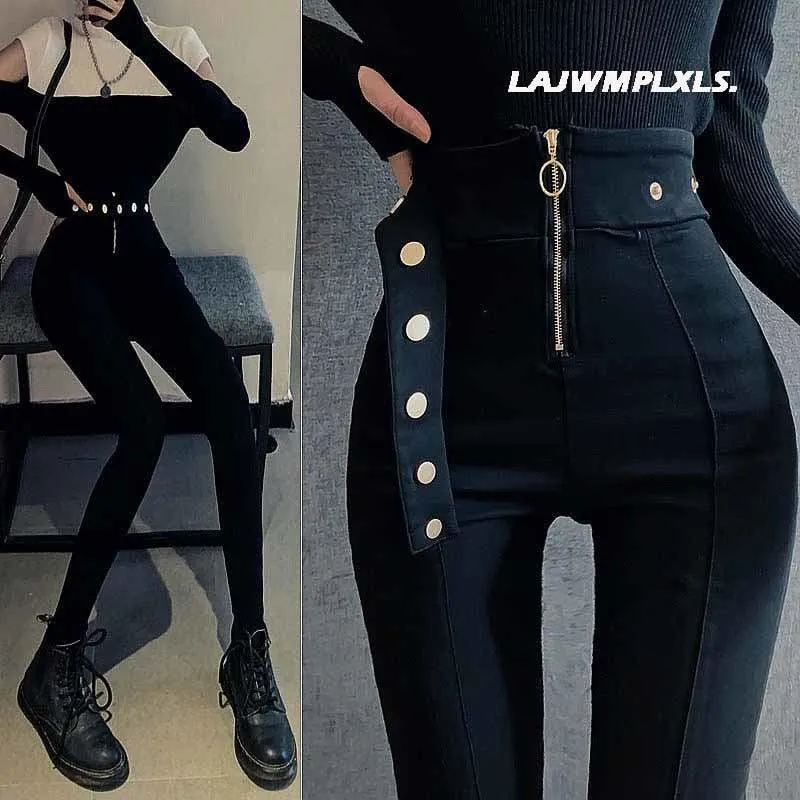 Casual Stretch Pants with Elastic High Waist and Metal Buttons